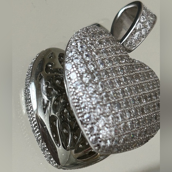 Sterling silver pave heart pendant with scalloped hearts on flip side 1” - Picture 2 of 4